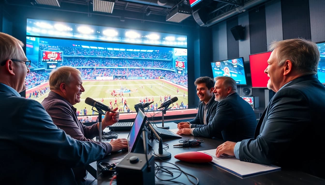 Sports Broadcasting scene depicting commentators energetically discussing a live event.