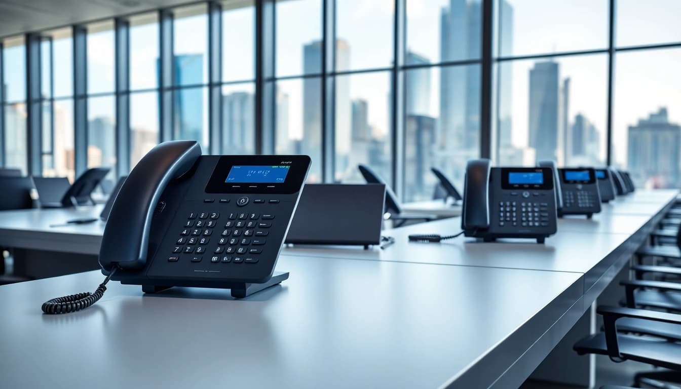 Showcasing advanced telephone systems in a modern office environment, highlighting features of professional communication.