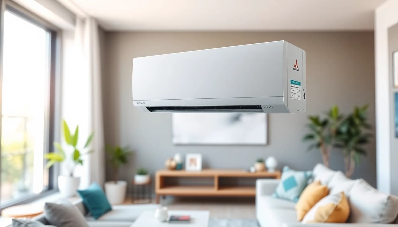 Mitsubishi mini split AC mounted in a stylish modern living room showcasing efficiency and design.