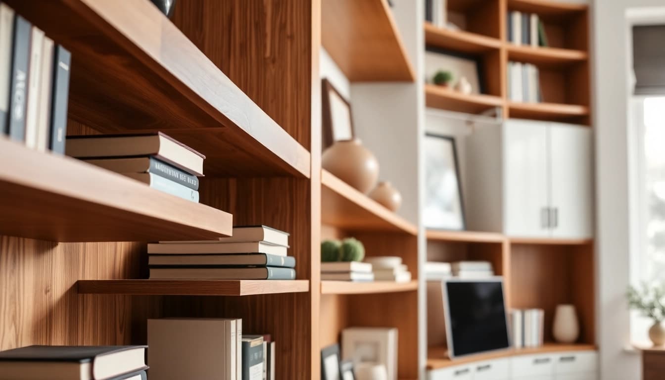 Built-in shelving contractor Westchester showcasing expert installation in a modern home office.