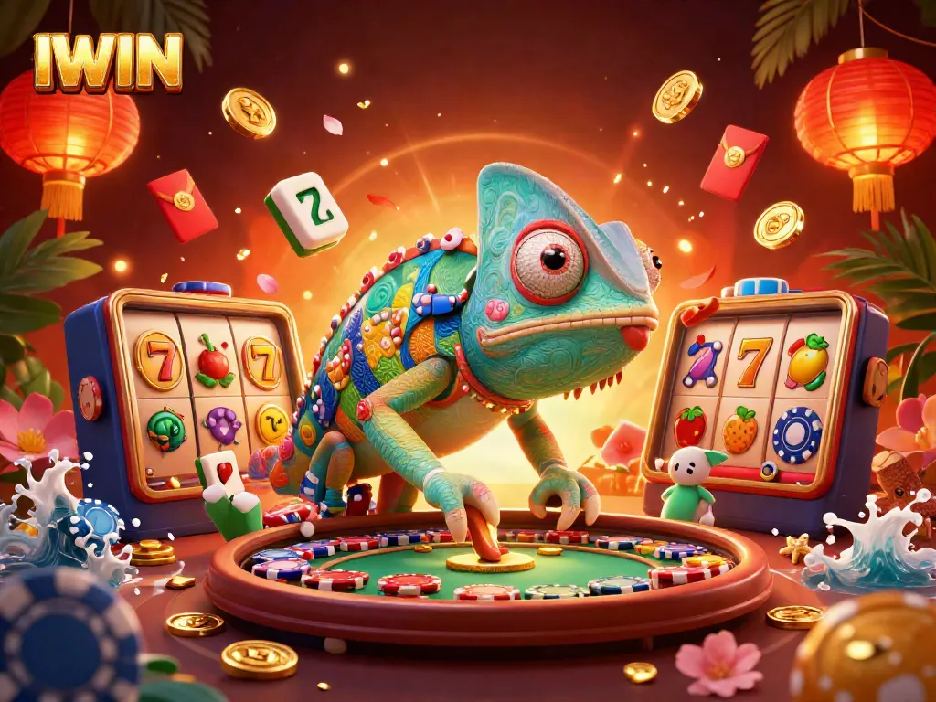 IWIN casino owner chameleon captures golden coins in a vibrant gaming scene.