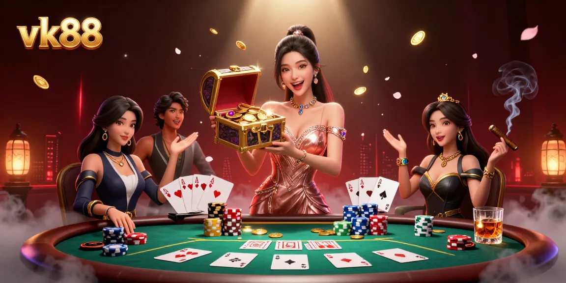 Join the excitement at vk88 with a photorealistic illustration showcasing vibrant casino elements and joyful gameplay.
