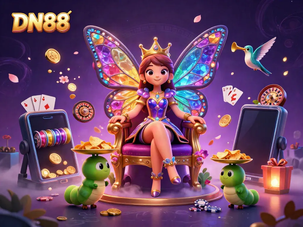 Engage in exhilarating slots at DN88 with an enchanting butterfly queen surrounded by chips and games.