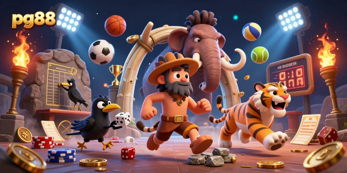 Experience pg88's vibrant prehistoric casino with a cartoon caveman and sabertooth tiger duo amidst dynamic gaming elements.