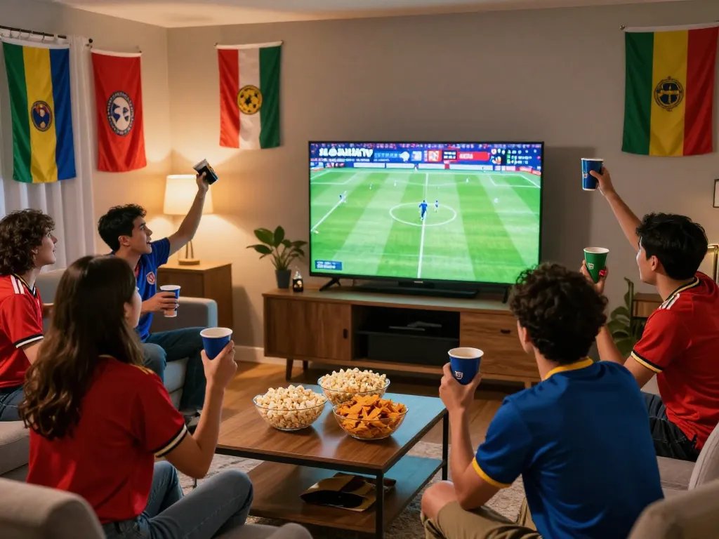 Cà Khịa TV football fans cheering in a cozy living room during a live match.