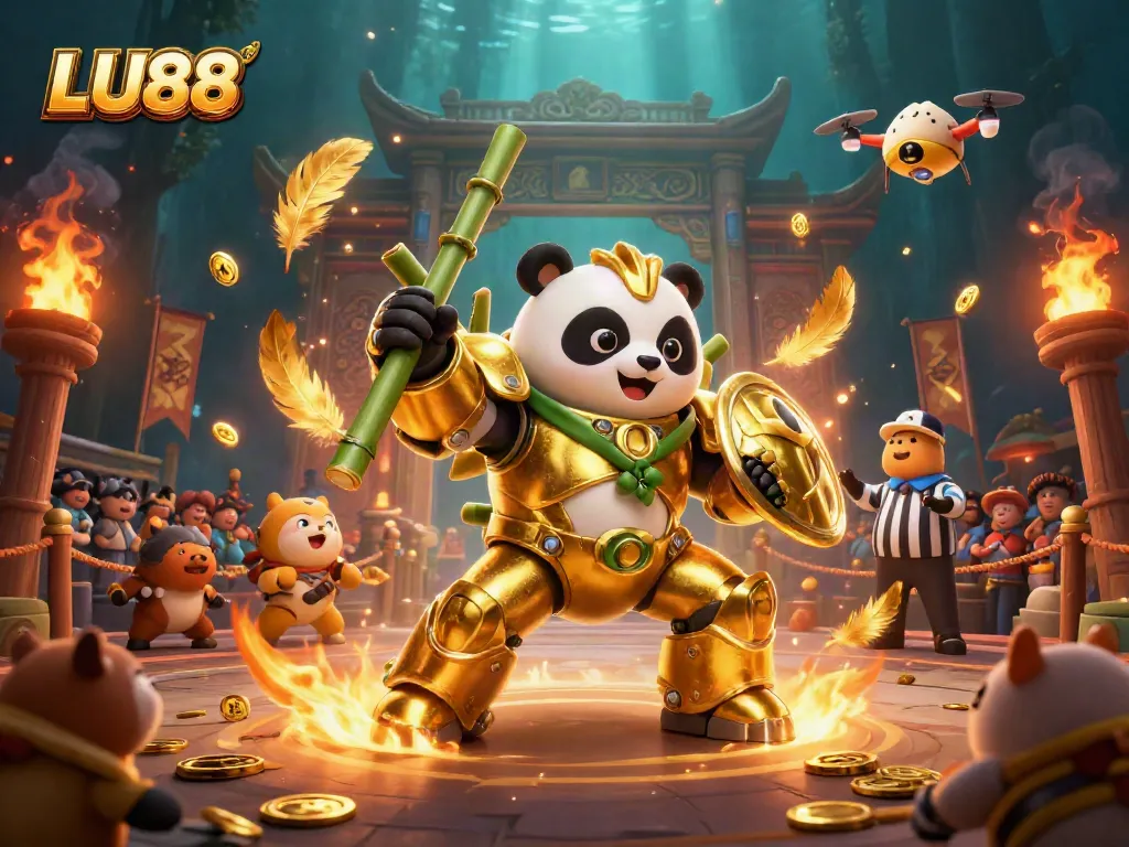 Engage with LU88 through an exciting arena scene filled with vibrant gambling elements and action.