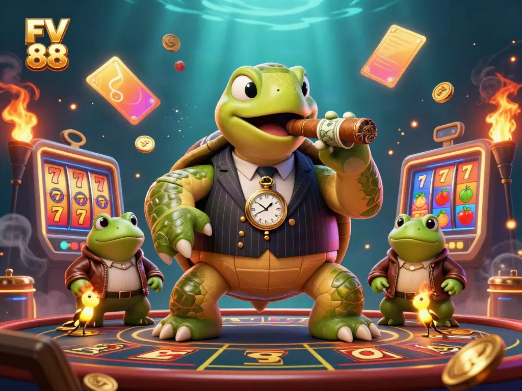Experience the thrill of FV 88 in a vibrant casino scene with a turtle in a suit and dynamic slot elements.