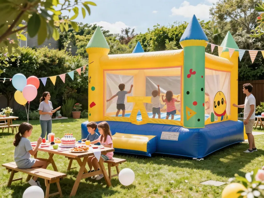 Children laughing and bouncing in a colorful bounce castle during a joyful birthday party