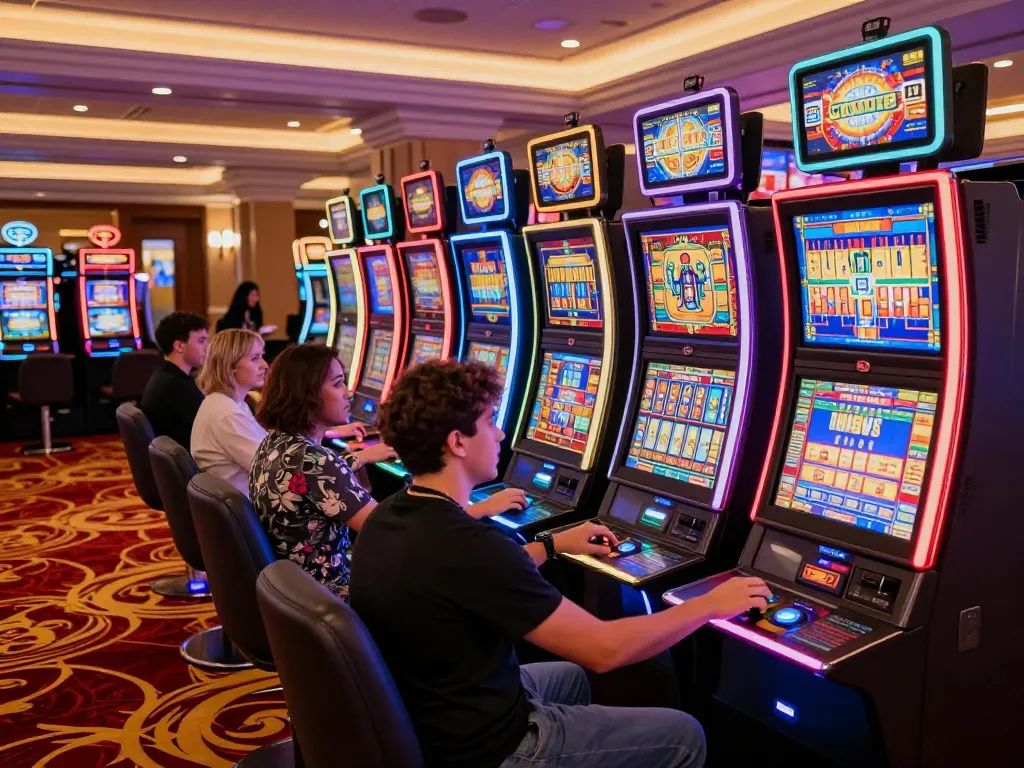 Engaged players enjoying rokok88 slot machines under vibrant casino lights