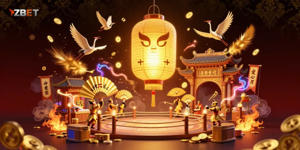 ZBET casino illustration featuring a glowing golden lantern spirit and lively warriors at a night market.