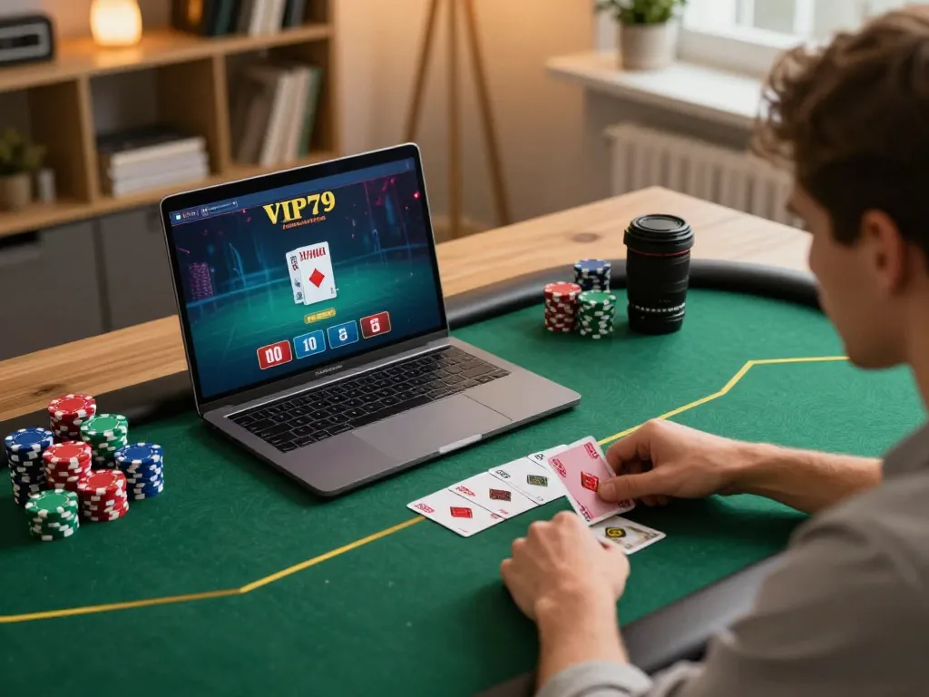 Player enjoying an intense poker game on VIP79, showcasing colorful chips and cards during a cozy home session.