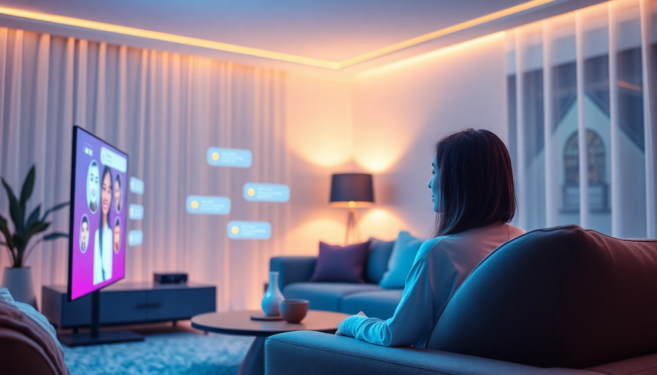 Engaging AI girlfriend in a futuristic digital interaction at home, showcasing emotional connection.