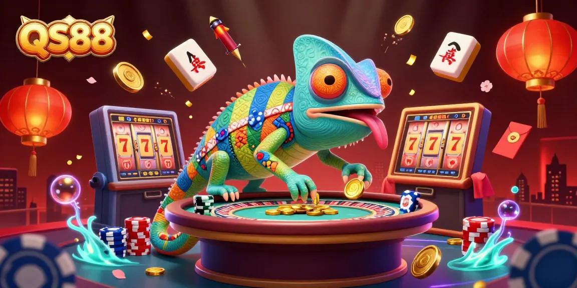 Engaging QS88 illustration showcasing an enormous chameleon casino owner among vibrant slot reels and casino elements.
