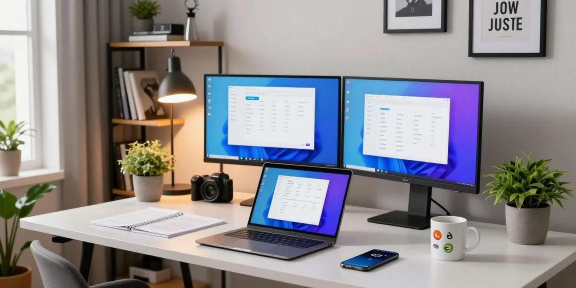 Professional workspace showing WPS Download on dual monitors and laptop in a sleek home office setting.