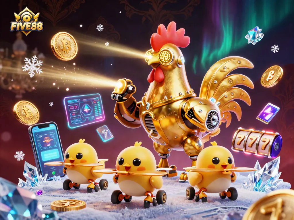 Experience the thrilling vibe of FIVE88 Casino with an exciting 3D illustration featuring a golden rooster robot and crypto elements.