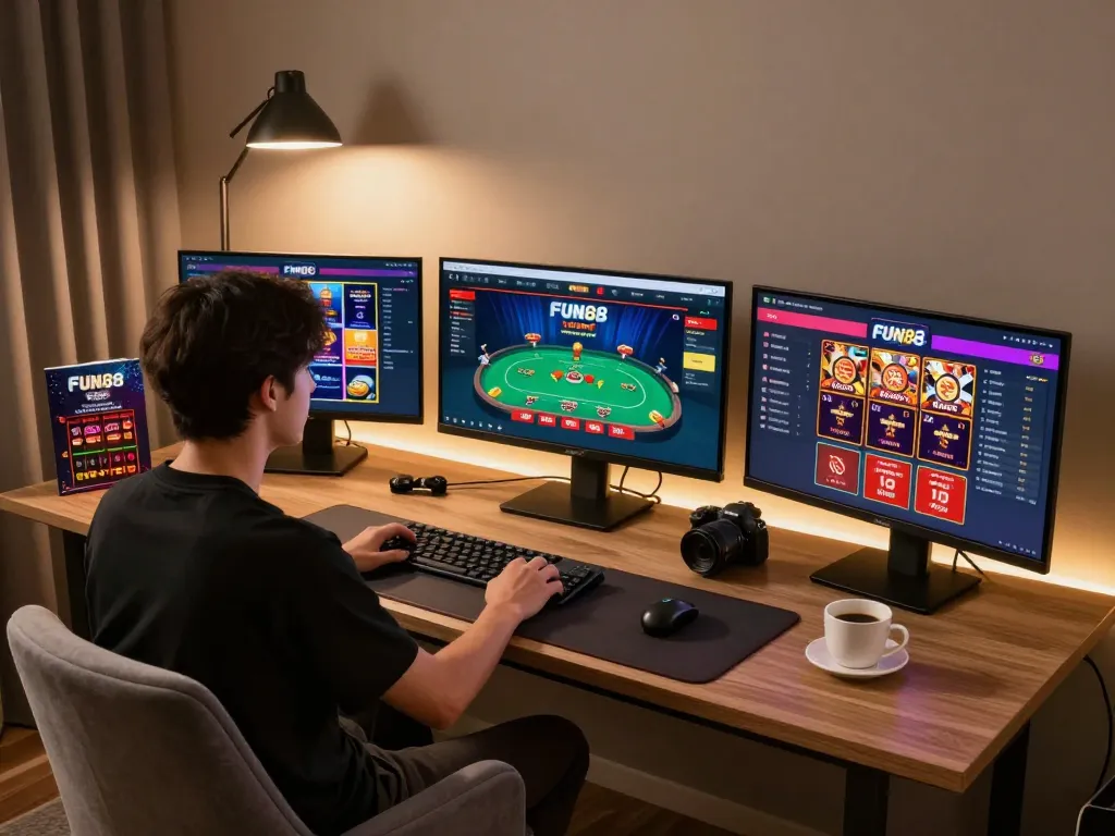 Engaging FUN88s online gaming session with multiple screens showing blackjack and slots in a stylish setup.