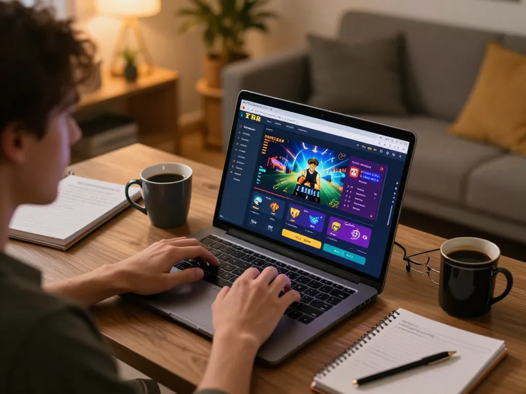 Player engaging with TR88 online casino interface while strategizing in a cozy home office