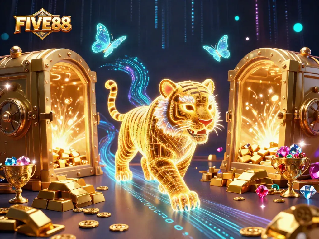 FIVE88 casino scene showcasing a golden tiger and holographic butterflies amid dazzling treasures.