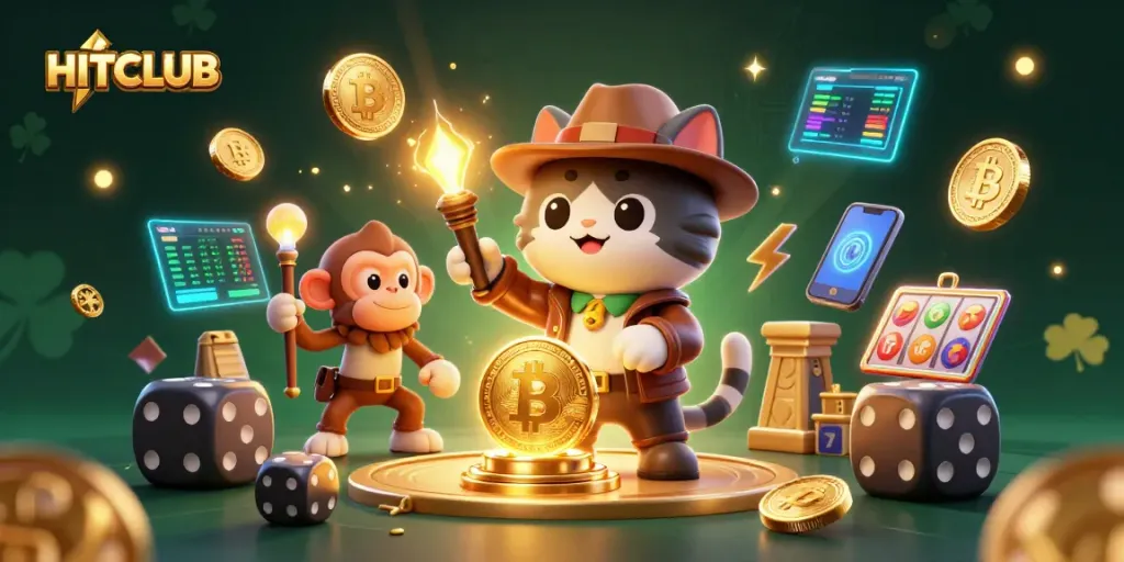 Join HITCLUB at an exciting slot adventure in a vibrant treasure-filled scene.