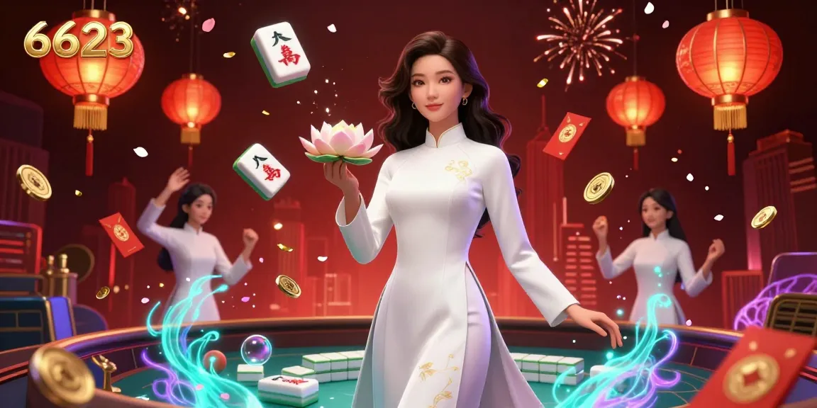 Experience thrilling gameplay at 6623 with dynamic floating casino elements and an elegant Vietnamese character.