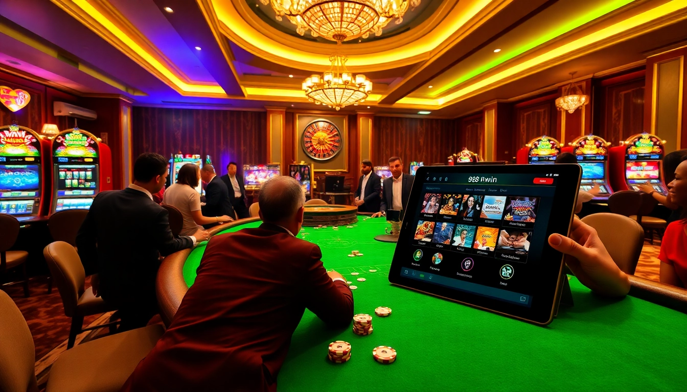 Players engaging in thrilling gambling at a luxurious casino table with 98win games on display.