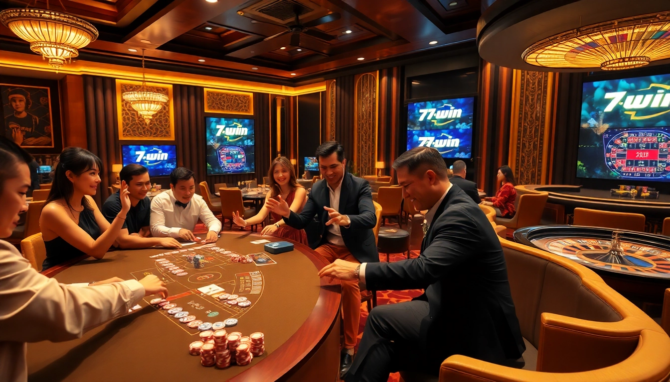 Engaged players enjoying a thrilling game at 79win casino tables filled with vibrant chips and cards.