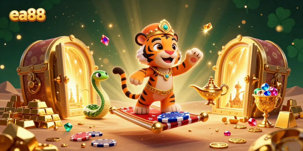 Engage in the exciting world of ea88 with a vibrant scene of casino riches featuring a sultan and treasures