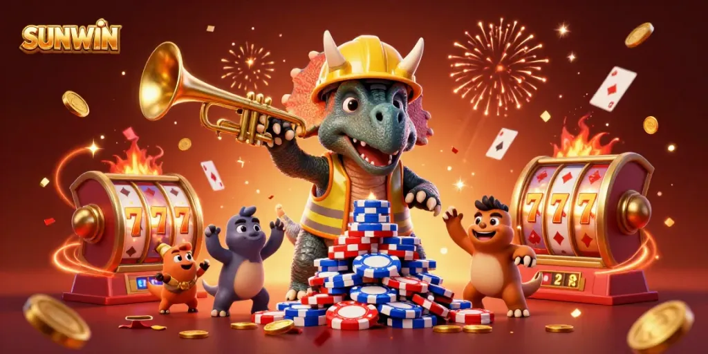 SUNWIN showcases a lively 3D scene filled with animated dinosaur characters celebrating at a vibrant casino.