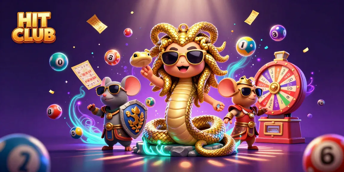 Experience excitement at HIT CLUB with lively lottery elements and charming characters in vibrant casino setting.