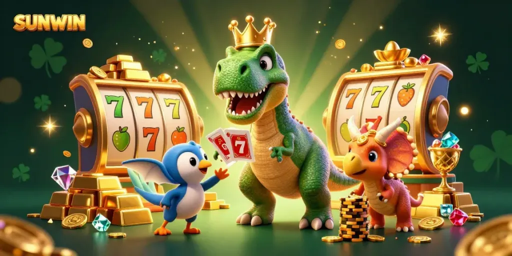 Experience SUNWIN with a whimsical T-Rex shuffling cards amidst vibrant slots and treasures.