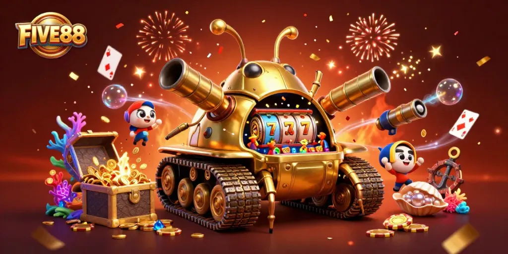 Engage in the exciting world of gambling with FIVE88's vibrant casino-themed illustration.