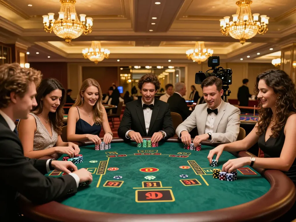 Engaged friends playing blackjack at a casino table, showcasing Da88 chip stacks and intense focus.