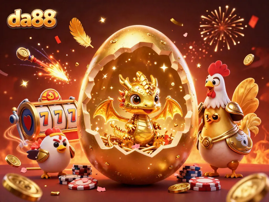 Experience the thrilling action at da88 with a golden dragon emerging from a poker chip nest amidst sparkling casino elements.