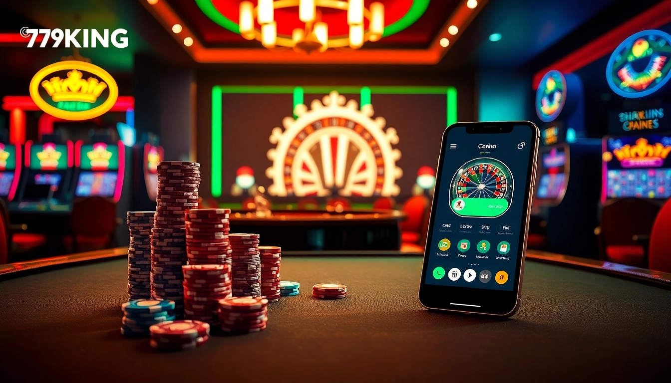 Experience thrilling online gaming at Trang chủ 79KING with an engaging casino scene featuring poker chips and roulette.