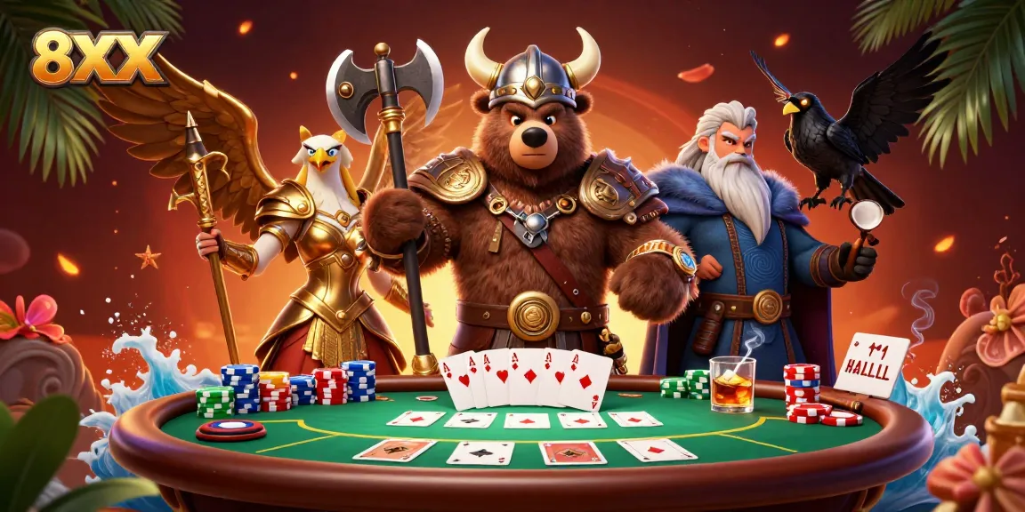 Engage with thrilling poker action at 8XX, featuring dynamic characters and vibrant casino elements.