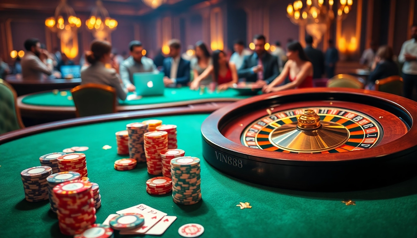 Engaging scene at https://vin88zone.club/ showcasing vibrant casino gaming with poker chips and roulette.