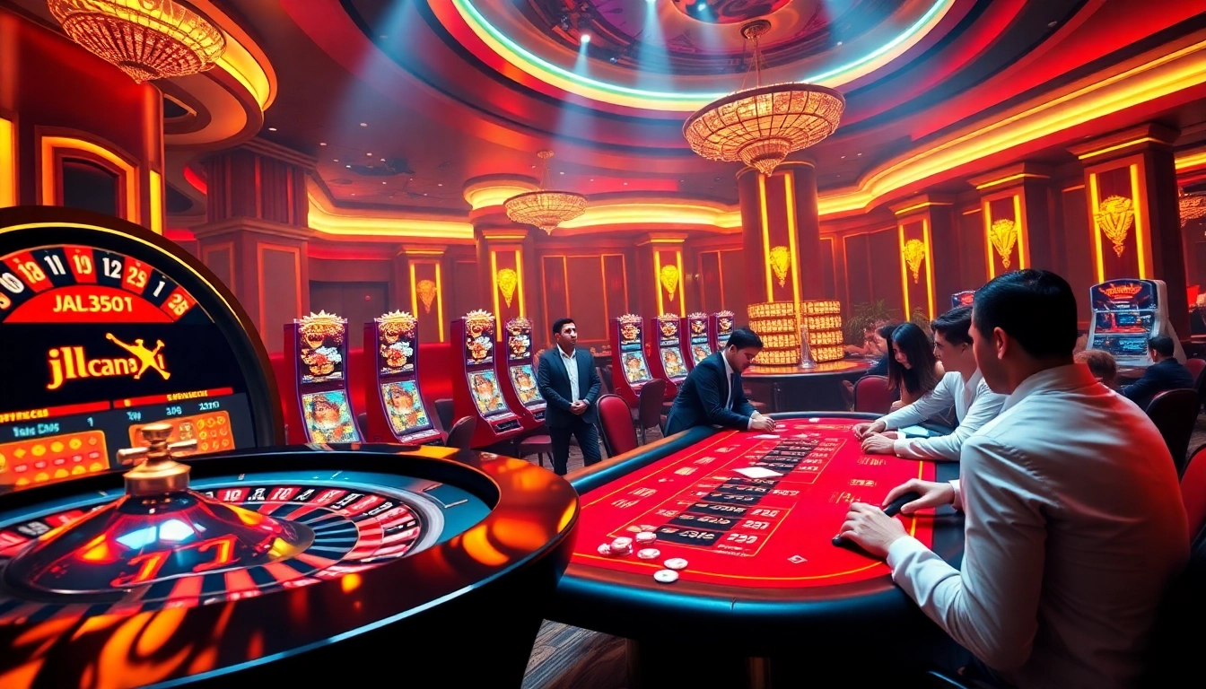 Exciting online gambling scene featuring JL111 with poker chips and vibrant slot machines.