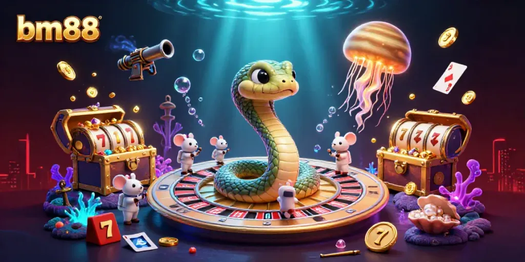 Engage in thrilling action at bm88 with a dynamic casino-themed illustration featuring characters, games, and vibrant elements.