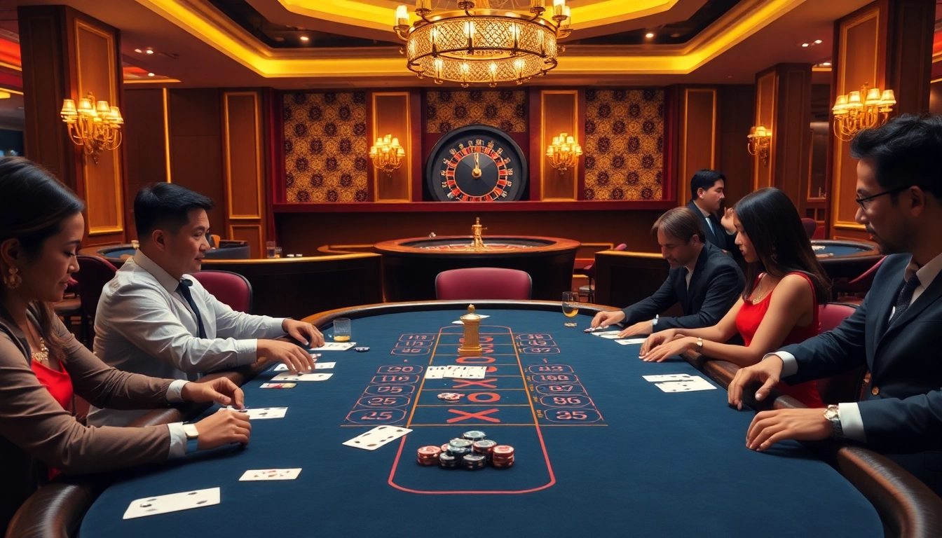Players enjoying a thrilling game at the Xin88 casino table with professional dealers and vibrant atmosphere.