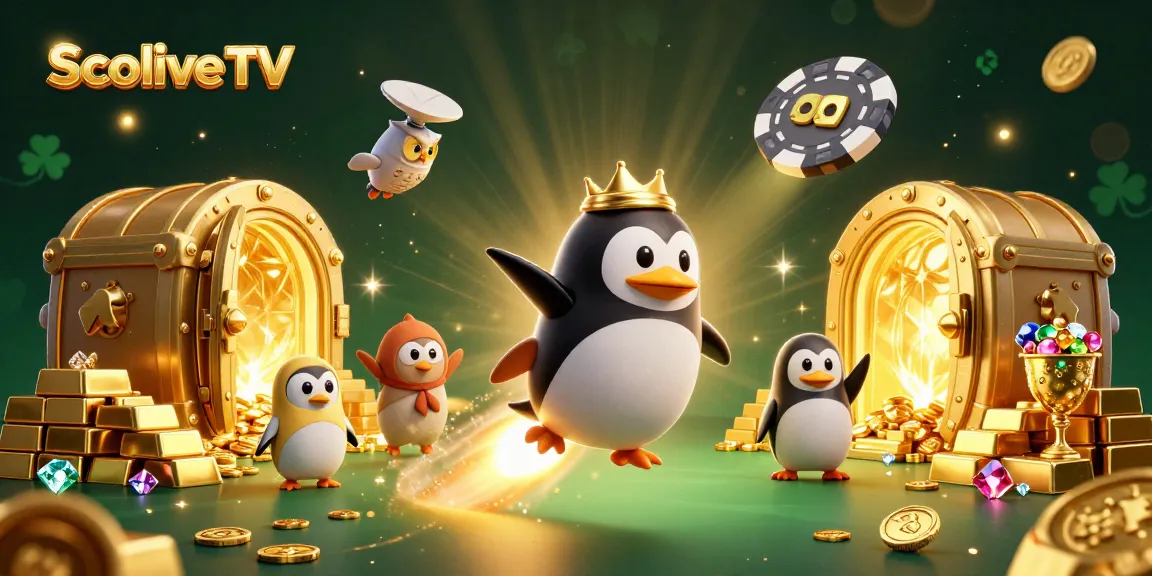 Socolive TV illuminates the cosmos with a golden penguin racing to a casino chip station amidst sparkling treasures.