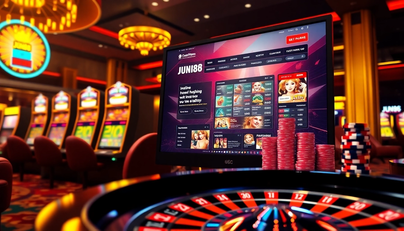 Experience exciting gameplay on https://jun88sr.com/ with vibrant slots, chips, and a roulette wheel.