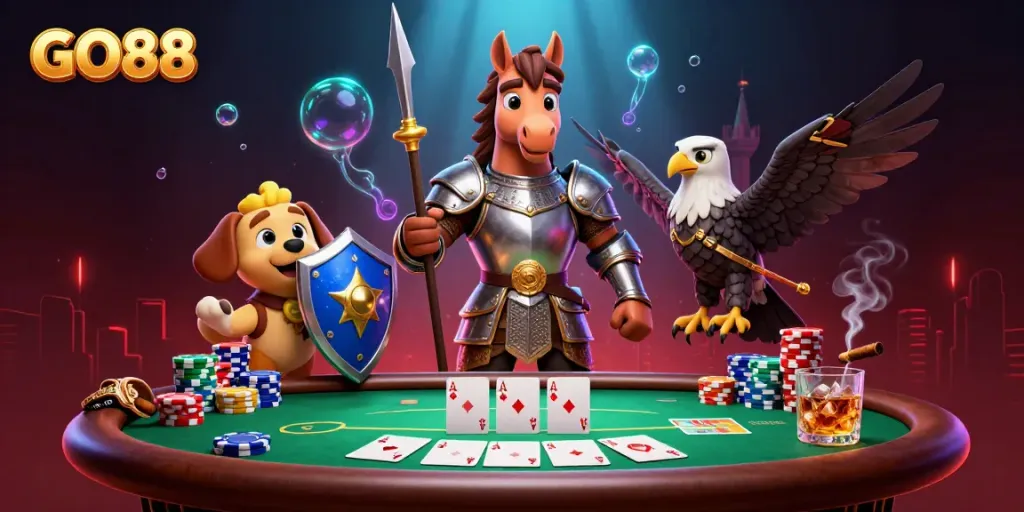 Engage in thrilling poker action with GO88, featuring colorful chips and dramatic gameplay.