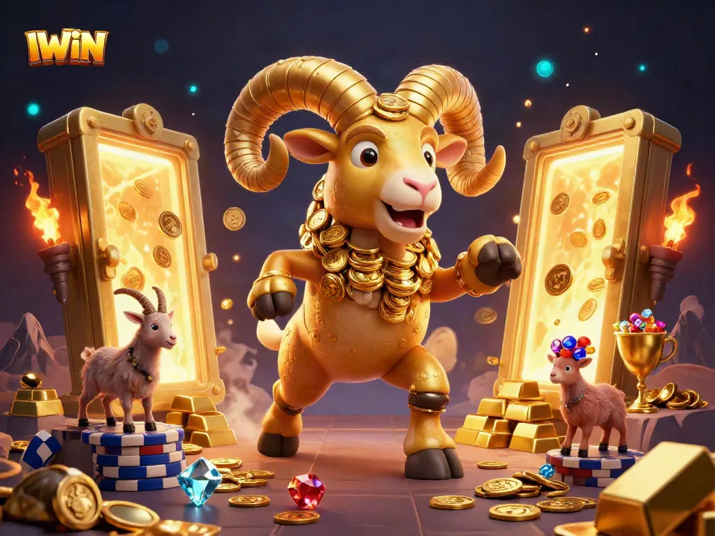 IWIN showcases a vibrant casino scene featuring a golden ram charging through a treasure vault, symbolizing winning excitement.