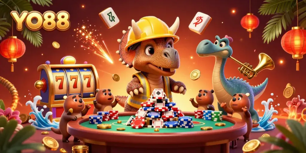 Win big with YO88 as a colorful triceratops builds poker chip pyramids in a vibrant casino scene.