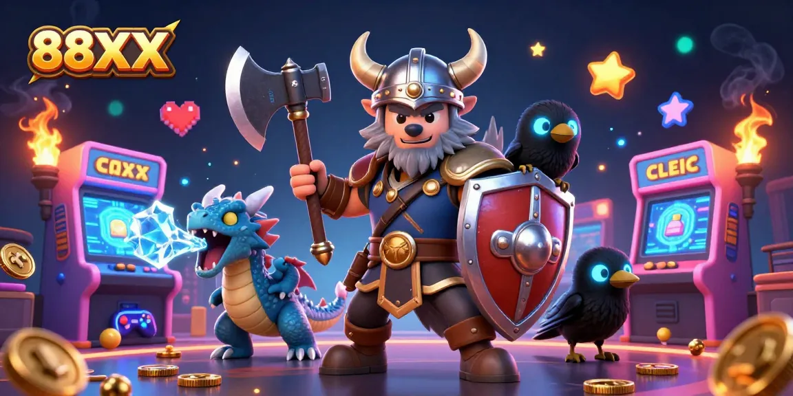 Experience thrilling gameplay with 88XX, featuring a Viking warrior, dragon, and casino-themed elements.