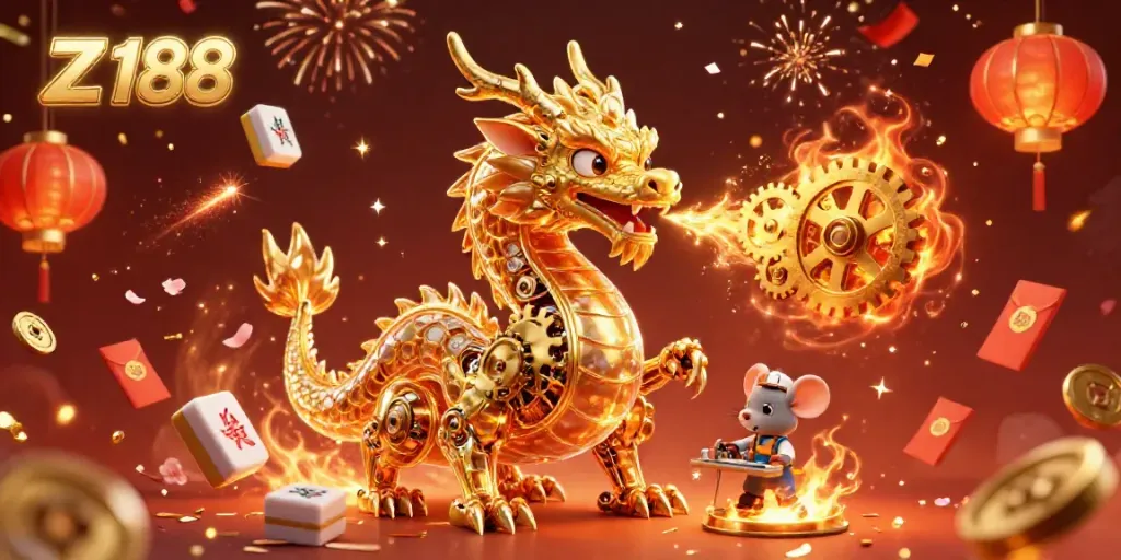 Experience thrilling gaming with Z 188's vibrant dragon and festive elements in this detailed casino scene.