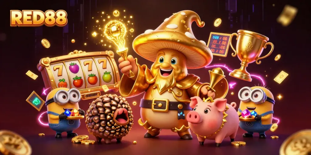 Experience thrilling gameplay at RED88 with the golden mushroom wizard surrounded by casino elements.