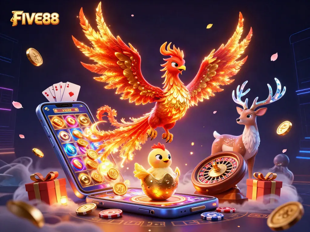 Experience excitement with FIVE88 as a phoenix rises amidst casino elements, showcasing vibrant gaming action.