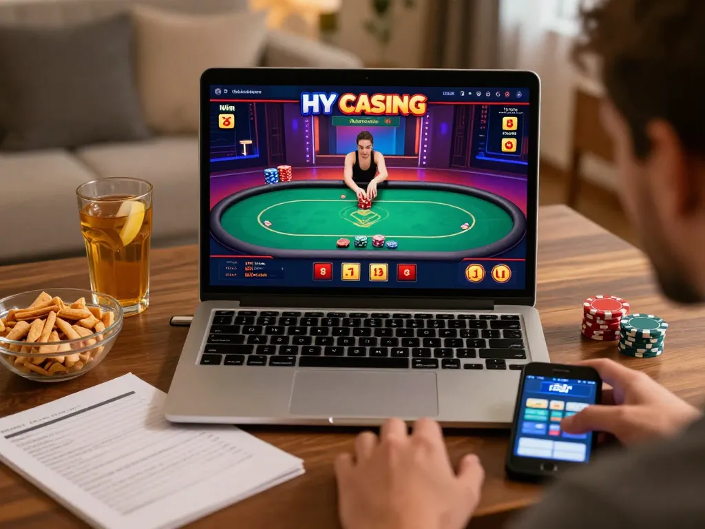 Engaged player enjoying 13win online poker gameplay with strategic notes and mobile app nearby.