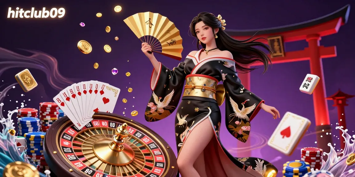 Experience the excitement of hitclub09 with immersive casino elements in a vibrant digital illustration.